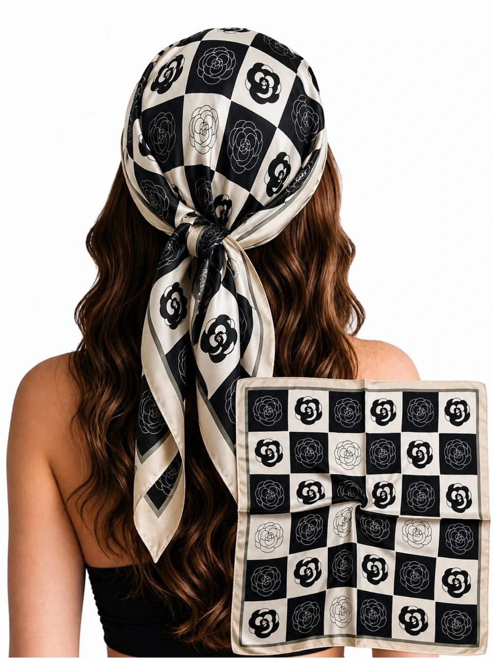 Silk-Feel Black & Cream Floral Check Headscarf - Women Accessories